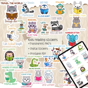 May include: A collection of colorful kids' reading stickers featuring various animals reading books. The stickers include phrases like "Quiet Pages," "Every Word," and "I am booked tonight." The image also includes the text "Kids reading stickers + Transparent PNG's + Digital Stickers + Printable PDF."