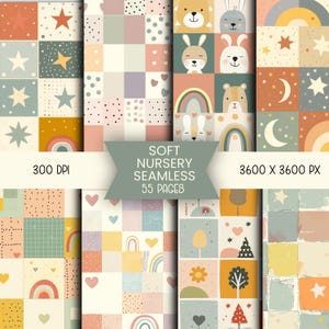 May include: A collection of soft nursery seamless patterns. The designs feature squares with stars, rainbows, hearts, and animal illustrations in pastel colors. The image includes the text "SOFT NURSERY SEAMLESS 55 PAGES" and "3600 X 3600 PX".