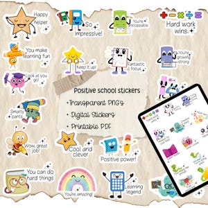 Puede incluir: Una colección de pegatinas coloridas de estilo caricatura con mensajes positivos para la escuela. Las pegatinas presentan varios personajes como estrellas, libros y calculadoras, con frases como "Happy helper" y "You're amazing!" Una tableta muestra pegatinas similares.