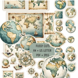 May include: A collection of vintage-style world map and globe stickers. The stickers feature detailed illustrations of continents, oceans, compasses, and sailing ships in shades of blue, brown, and beige. Text on the image reads "Fussy Cuts A4 + US Letter PDF + JPEG."