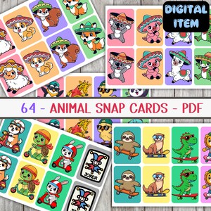 May include: Colorful animal snap cards with various cartoon animals wearing sombreros, sunglasses, and helmets. The cards are labeled "64 - ANIMAL SNAP CARDS - PDF" and marked as a "DIGITAL ITEM".