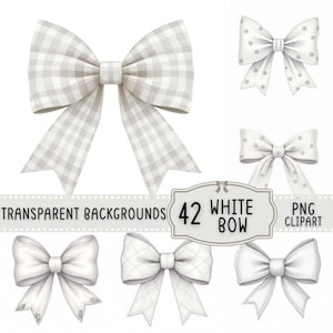 Könnte beinhalten: Eine Sammlung weißer Schleifen in verschiedenen Designs, darunter Vichy, Tupfen und Muster. Das Bild enthält den Text "Transparent Backgrounds" und "42 White Bow PNG Clipart".