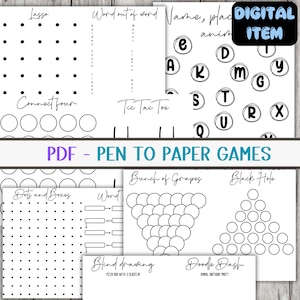 May include: A collection of printable pen-to-paper games, including Connect Four, Tic Tac Toe, and word games. The black and white designs feature simple illustrations and text, perfect for family fun or educational activities. The image includes the text "DIGITAL ITEM".
