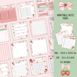May include: A collection of twenty printable note pads featuring strawberry patterns, pink gingham, and white backgrounds. The designs include checklists, calendars, and habit trackers with text like Reminders, Shopping list, and Tasks. Includes 3.5 x 3.5 inch PDF.