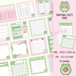 May include: A collection of printable note pads featuring frog illustrations, pink and green gingham patterns, and various layouts including shopping lists, task trackers, and calendars. Text includes "PRINTABLE NOTE PADS", "PNG - 1000 x 1000 px", and "PDF - 3,5 x 3,5 inch".