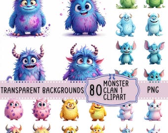 80 imágenes prediseñadas de monstruos: PNG transparente para scrapbooking (descarga digital)