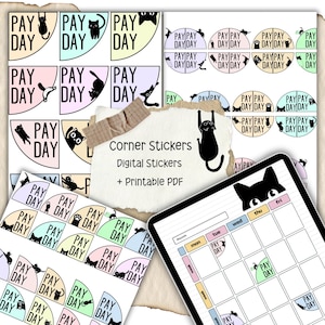 May include: A collection of digital corner stickers with a cat theme, featuring the text "PAY DAY" in various designs. The stickers are in pastel colors and include a printable PDF. A tablet displays a calendar.