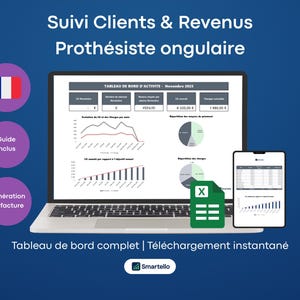 May include: A laptop and smartphone display financial data, charts, and graphs. The screen shows a dashboard with revenue and client tracking information. The image includes the French flag and the text "Tableau de bord complet | Téléchargement instantané."