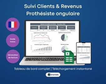 Puede incluir: Un portátil y un smartphone muestran datos financieros, gráficos y diagramas. La pantalla muestra un panel con información de seguimiento de ingresos y clientes. El texto dice "Tableau de bord complet | Téléchargement instantané."