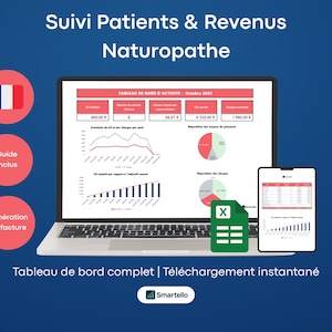 Puede incluir: Un portátil y un smartphone muestran datos financieros, gráficos y diagramas. La pantalla muestra un panel con información de ingresos y pacientes. El texto "Suivi Patients & Revenus Naturopathe" es visible.