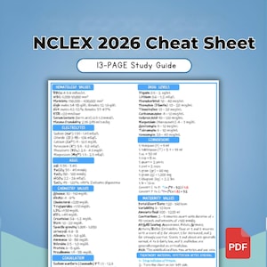 Può includere: Una guida allo studio intitolata "NCLEX 2026 Cheat Sheet" con sfondo bianco e testo nero. La guida include ematologia, livelli di farmaci, conversioni e valori di maternità. Un'icona PDF si trova in basso a destra.