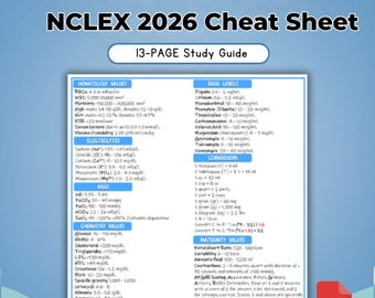 NCLEX 2026-spiekbriefje, studiegids verpleegkunde | Laboratoriumwaarden, farmacologie, medische behandeling, voor RN en LPN