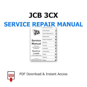 Puede incluir: Sobre un fondo blanco, el texto "JCB 3CX SERVICE REPAIR MANUAL" está en negro y azul. Un manual con el logotipo de JCB enumera secciones como "Care & Safety" e "Hydraulics". La imagen también incluye un icono PDF y el texto "PDF Download & Instant Access."