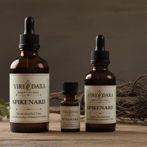 May include: Three amber glass bottles of essential oil with black droppers. The labels read "Viri Dara Essential Oils Spikenard". The bottles vary in size, with the largest displaying the text "Steam distilled from Nantadechye Jatamansi mets".