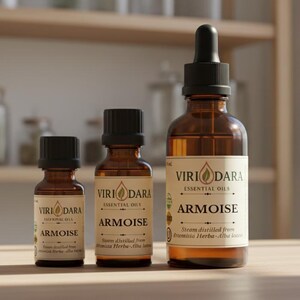 May include: Three amber glass essential oil bottles with black caps. The bottles are labeled "VIRI DARA ESSENTIAL OILS ARMOISE". The largest bottle has a dropper. The labels include text about steam distillation.