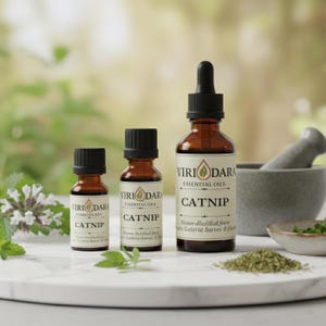 May include: Three amber glass bottles of catnip essential oil with black caps. The bottles are labeled "Viri Dara Essential Oils Catnip." A mortar and pestle, and dried catnip are also visible.