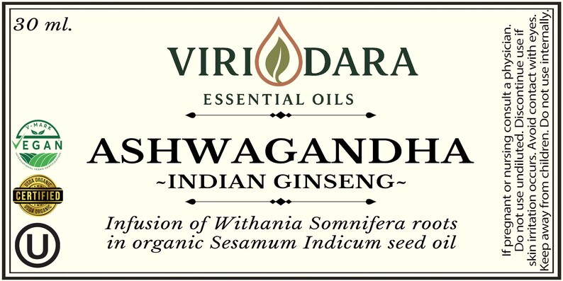 K&ouml;nnte beinhalten: Ein Etikett f&uuml;r &auml;therische &Ouml;le von Viri Dara. Das Etikett zeigt den Text "ASHWAGANDHA - INDIAN GINSENG-" und "Infusion von Withania Somnifera Wurzeln in Bio-Sesamum Indicum Samen&ouml;l." Es enth&auml;lt auch eine Vegan-Zertifizierung und 30 ml.