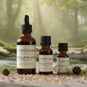 May include: Three amber glass bottles of essential oil with black caps and white labels. The labels read "Viri Dara Essential Oils Cedarwood Himalayan". The bottles are arranged on a bed of greenery and wood shavings, with pine cones.