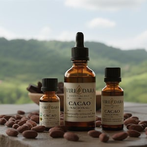 May include: Three amber glass bottles of essential oil with black caps and droppers, labeled "Cacao - Nacional." Cocoa beans surround the bottles. The background features a blurred green landscape and a wooden bowl with chocolate.