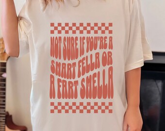 Retro Funny Shirt Smart Fella or Fart Smella Tshirt Vintage Checkered Funny Tee Groovy Wavy Font 60s 70s Retro Oversized T-shirt