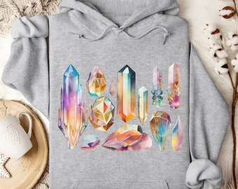 Crystal Sweatshirt Colorful Hoodie Boho Hippie Hoody Yoga Meditation Sweatshirt Gift for Crystal Lovers Gem and Mineral Show