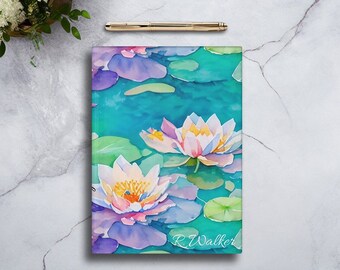 Personalized Hardcover Journal Matte, Lined, Colorful Water Lilies, Gift for Creatives, Memorial book