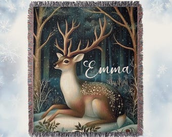 Personalized Woven Blanket Woodland Tapestry Deer Blanket Buck Blanket Woodland Nursery Baby Shower Gift Forest Tapestry Storybook Decor