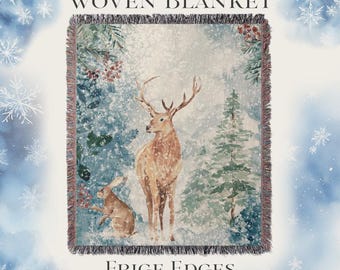 Winter Buck Woven Blanket Winter Scene Tapestry Winter Decor Cozy Throw Woodland Forest Blanket Christmas Blanket Christmas Tapestry