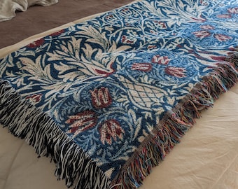 Coperta tessuta William Morris, arazzo William Morris, coperta botanica, coperta con frange, coperta autunnale, coperta floreale, stile artigianale