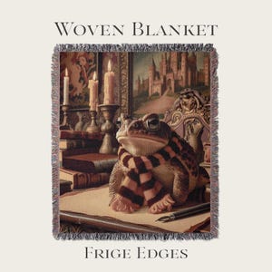 May include: A woven tapestry throw blanket featuring a toad wearing a scarf and sitting at a table with books and a quill pen. The background features a castle and a tapestry with a scene of a knight. The blanket has fringe edges.