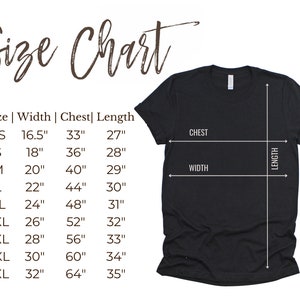 May include: Size chart for a t-shirt with measurements in inches for width, chest, and length. Sizes include XS, S, M, L, XL, 2XL, 3XL, 4XL, and 5XL.