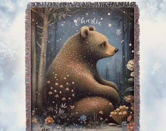 Personalized Bear Woven Blanket Woodland Tapestry Baby Shower Gift For Kids Room Decor Woodland Nursery Forest Theme