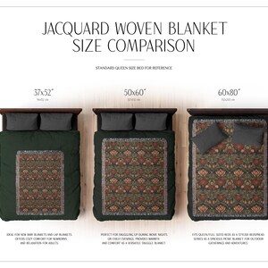 Pu&ograve; includere: Tre coperte jacquard tessute in diverse dimensioni sono esposte su letti. Le coperte presentano uno sfondo verde scuro con un motivo floreale in tonalit&agrave; di rosso, arancione e giallo. Le dimensioni sono 94x132 cm, 127x152 cm e 152x203 cm.
