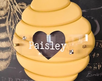 Personalized Wooden Beehive Name Sign with Acrylic Standoff Forest Nursey Winnie the Pooh Theme Kids Room Decor