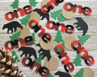 Deer Bears Trees Axe Cake Table Decor Table Confetti Red and Black Plaid Buffalo Plaid Confetti Lumberjack Confetti
