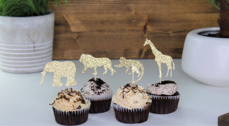 Gold Glitter Jungle Animal Cupcake Toppers Safari Party Decorations Safari Birthday Jungle Baby Shower Wild One Party