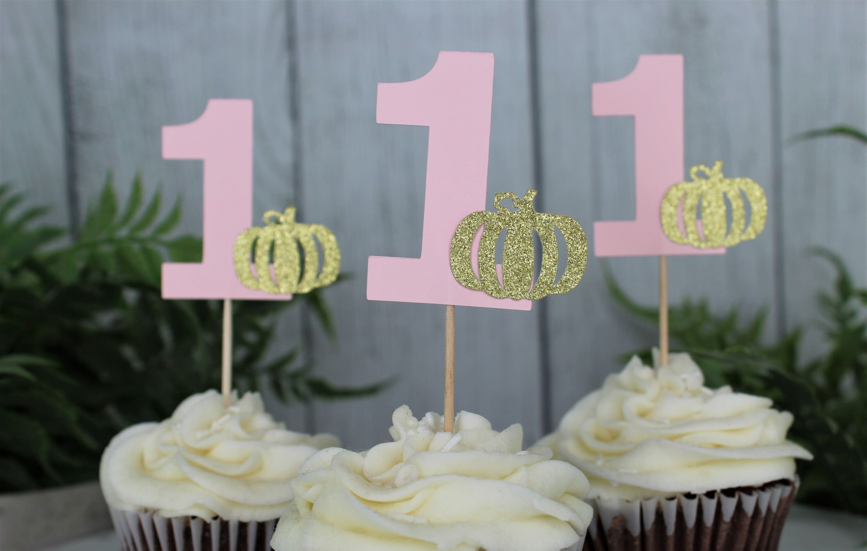 Pink Number 1 Gold Pumpkin Cupcake Toppers - Gold Pink Lil Pumpkin ...