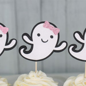 Ghost Cupcake Toppers - Pink and Black Halloween Party Decor - Our Little Boo Party - Happy Booday Party
