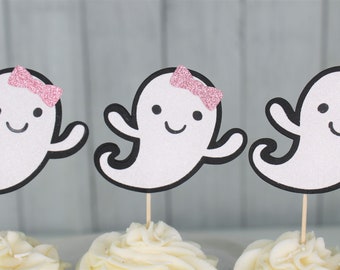 Ghost Cupcake Toppers - Pink and Black Halloween Party Decor - Our Little Boo Party - Happy Booday Party