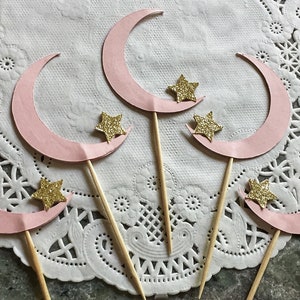 Light Pink Moon and Gold Glitter Star Cupcake Toppers -  Twinkle Twinkle Little Star Baby Shower Decorations - Baby Girl Shower