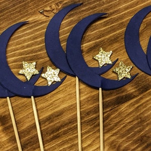 Navy Moon and Gold Glitter Star Cupcake Toppers -  Celestial Party - Baby Shower Decorations - Twinkle Twinkle Little Star - (Set of 12)