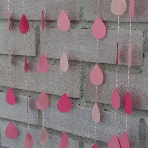 Mixed Pink Raindrop Paper Garland - Baby Shower - Baby Sprinkle - Rain Garland - Pink Bakers Twine - April Showers - Sip and See (24 Ft)