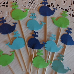 24 Whale Cupcake Toppers - Navy Blue Aqua Blue and Lime Green Food Picks - Party Picks - Baby Shower - Birthday Party