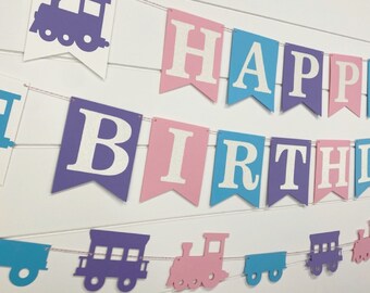 Train Happy Birthday Banner - Pink Train Girl Birthday Party Chugga Chugga Two Two Theme - Railroad Party -Train Birthday Garland