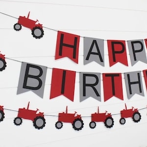 Red Tractor Happy Birthday Banner - Choose Your Colors - Premium Handcrafted - Farm Theme Party - Tractor Theme Party