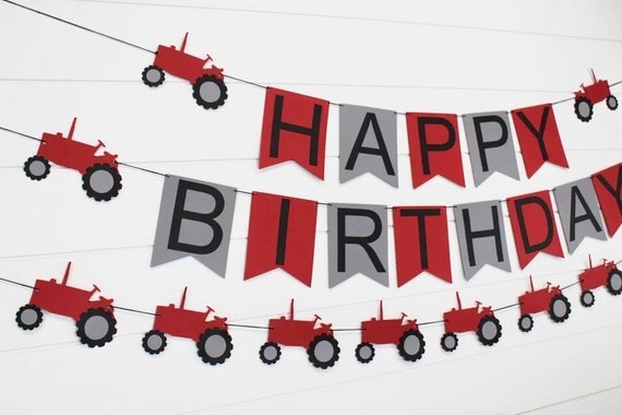 Red Tractor Happy Birthday Banner - Choose Your Colors - Premium Handcrafted - Farm Theme Party - Tractor Theme Party