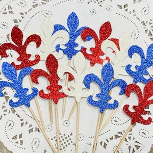 Fleur De Lis Cupcake Toppers - Red White Blue Glitter Food Picks - Fleur Cupcake Toppers - Party Picks - Scouts Party Decor - Summer Party