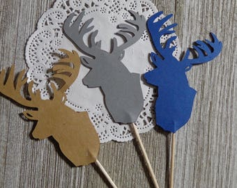 Large Brown Navy Blue Grey Deer Cupcake Toppers -  Boy Baby Shower - Party Picks  - Reindeer - Buck - Stag - Lumberjack Party - Hunter Party