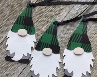 Gnome Gift Tags - Holiday Gnome Tags - Set of 6 - Green and Black Plaid Christmas Gnome Tags -Nordic Gnome Tags