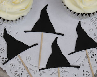 Black Witch Hat Party Picks - Cupcake Toppers - Food Picks - Halloween Party Decorations - Samhain Celebration